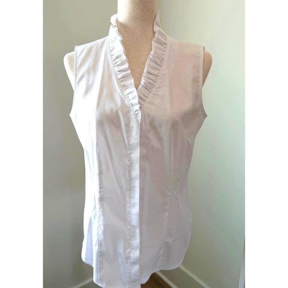 Brooks Brothers White Sleeveless Ruffle-Trim Button Down Shirt